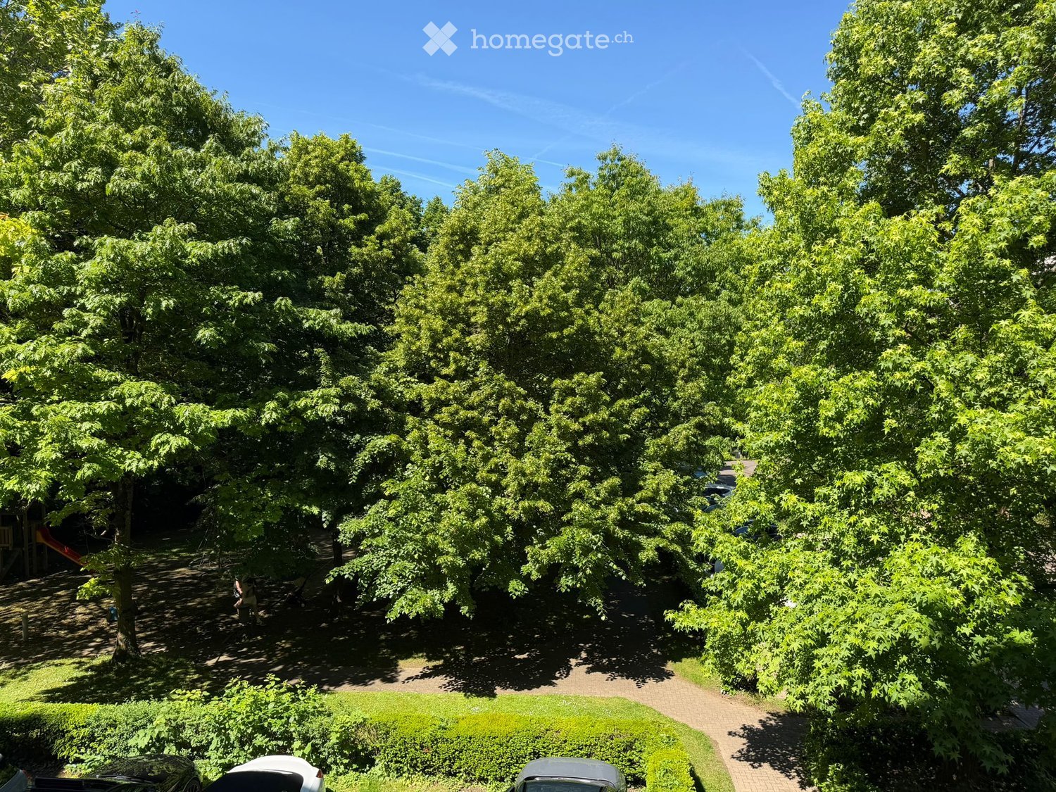 A lush garden area with tall trees, a paved pathway, and a small playground with a slide and swing set.