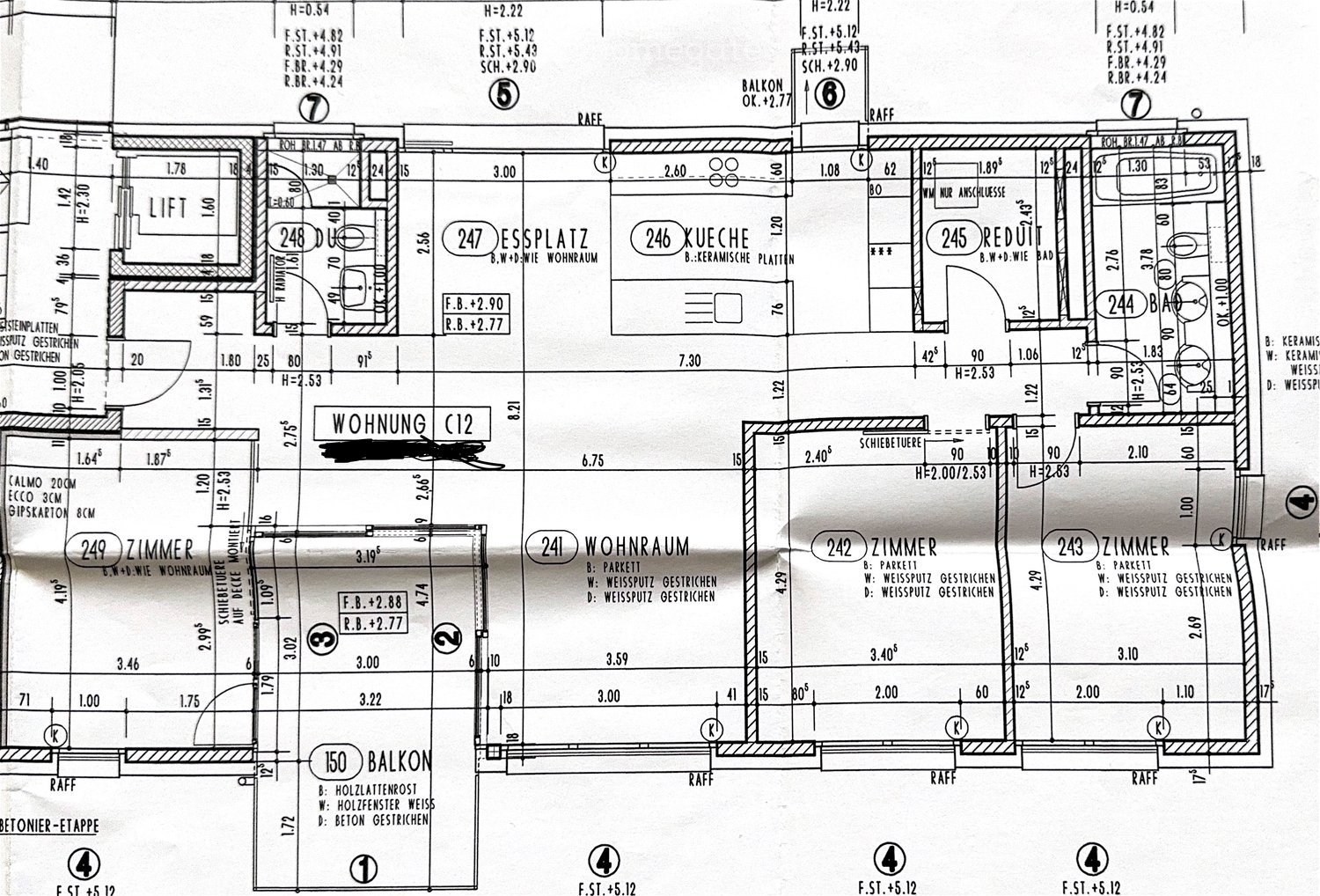 Floor plan of a residential unit showing multiple rooms including living room, kitchen, bedrooms, bathrooms, and a balcony.