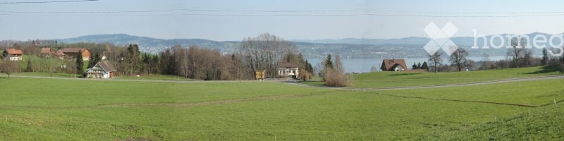 Open green field with scattered houses and a distant lake and mountains in the background.