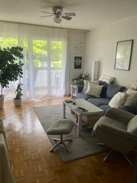Modern living room with hardwood flooring, large windows with sheer curtains, blue sofa with multiple cushions, white coffee table, grey stool, armchair, and potted plants.