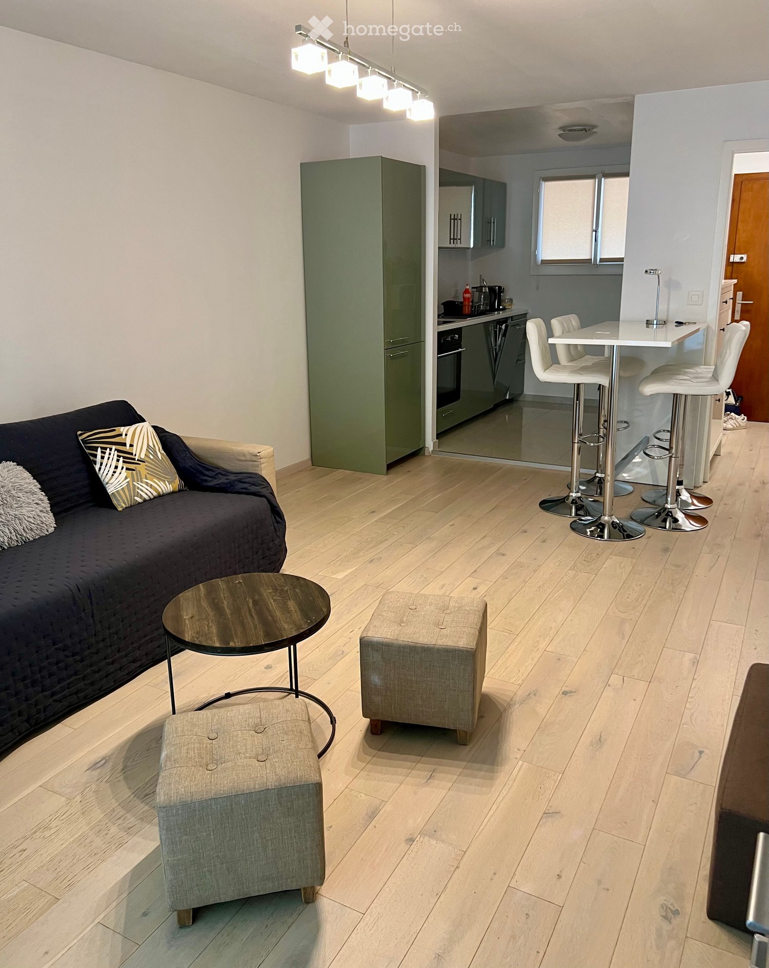 modern open living area, kitchen, dining area with stools, sofa with two pillows