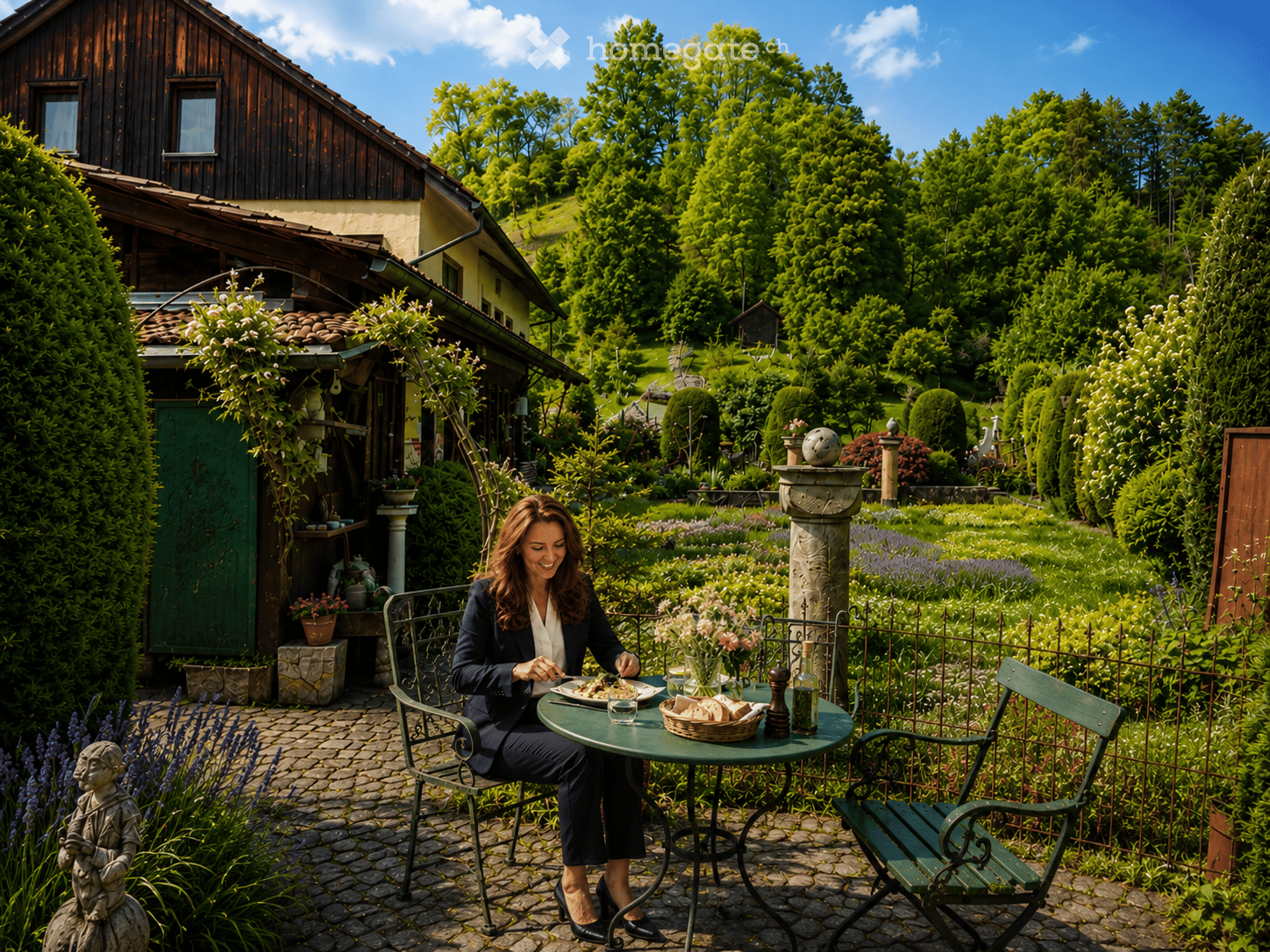 A woman is seated at a round metal table in a lush garden, enjoying a meal. The table is set with a vase of flowers, a basket of bread, and a bottle. The garden features well-maintained lawns, flower beds, and a variety of trees, with a traditional wooden