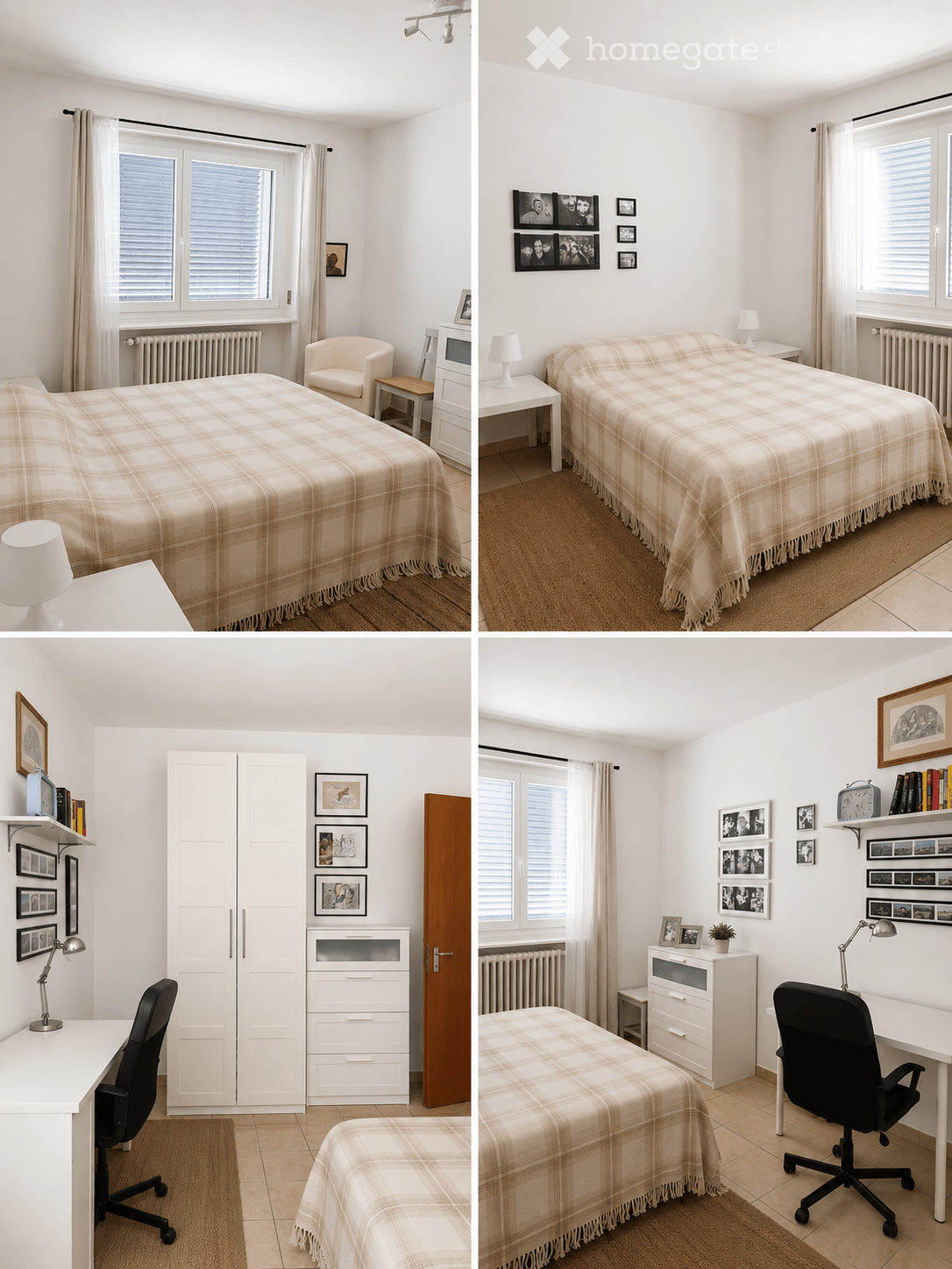 Four images of a well-furnished bedroom with a bed, plaid blanket, nightstands, lamps, a chair, a desk, and various picture frames on the walls.