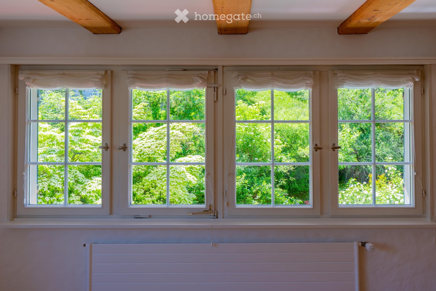 Empty room with four large windows, white radiator, and light-colored walls.