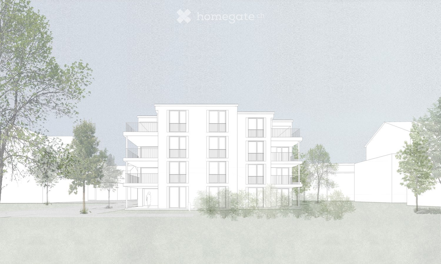 A modern multi-story residential building with balconies, large windows, and a clean, minimalist design. The building is surrounded by trees and greenery.