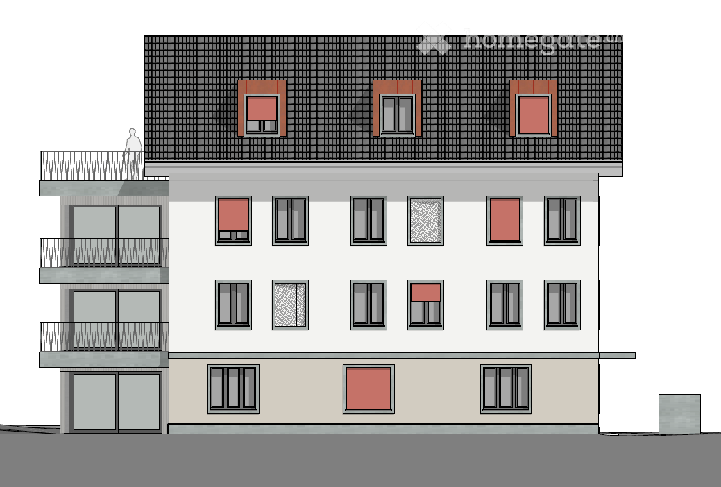 Three-story residential building with multiple windows, balconies, and a flat roof.