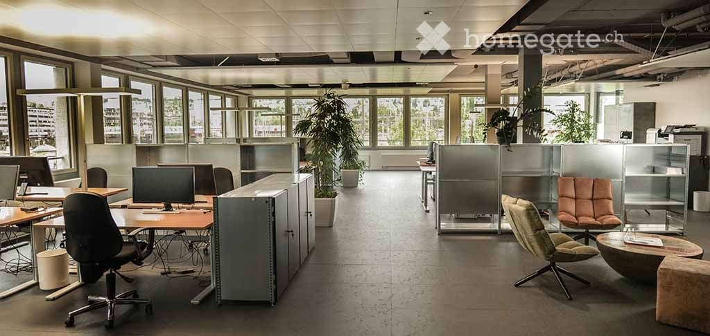 Modern office space with large windows offering a city view, featuring desks, chairs, computer screens, potted plants, and glass partitions.