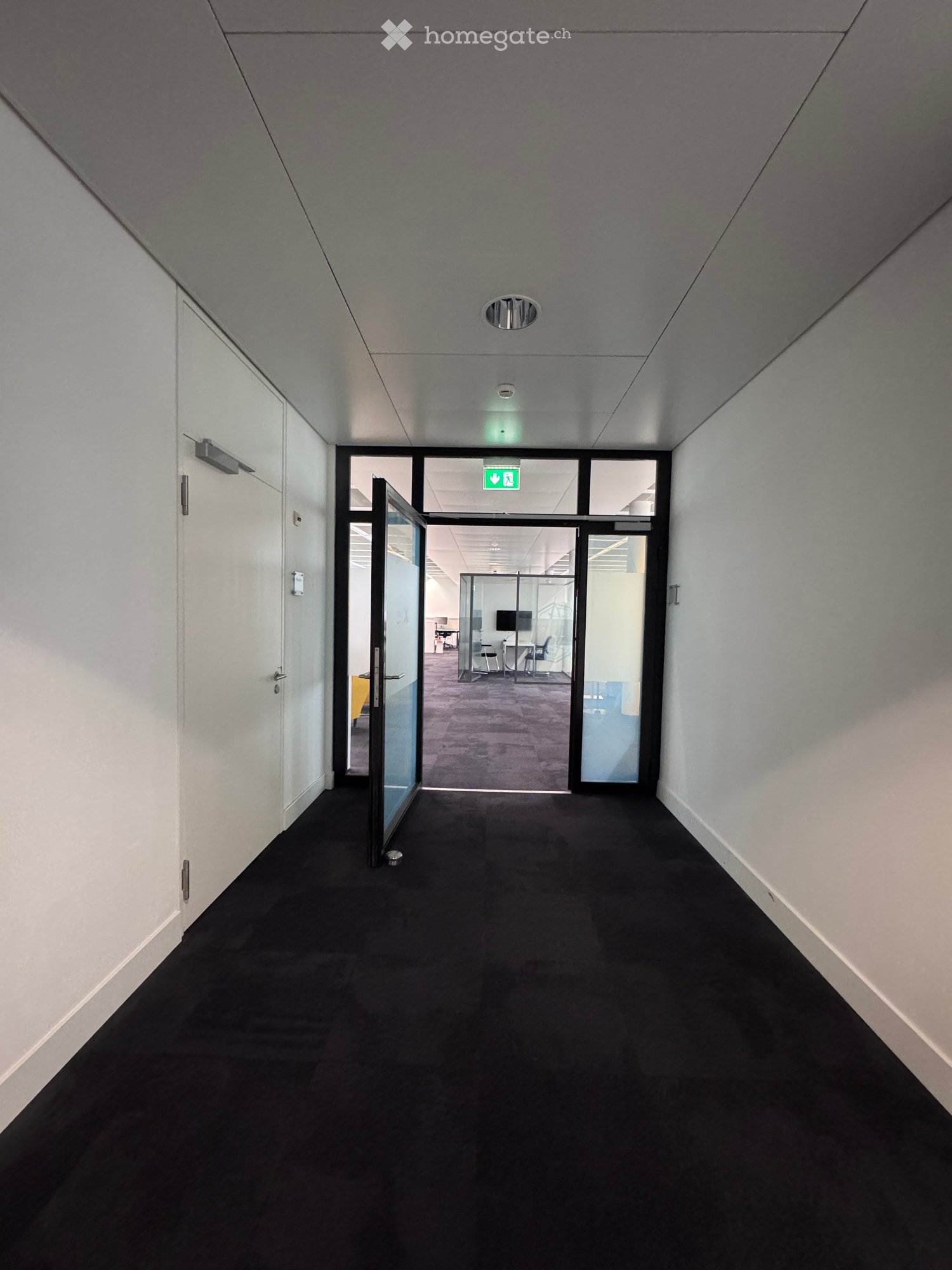 Modern hallway with white walls, black carpet, glass doors leading to an office area, and an emergency exit sign above the door.