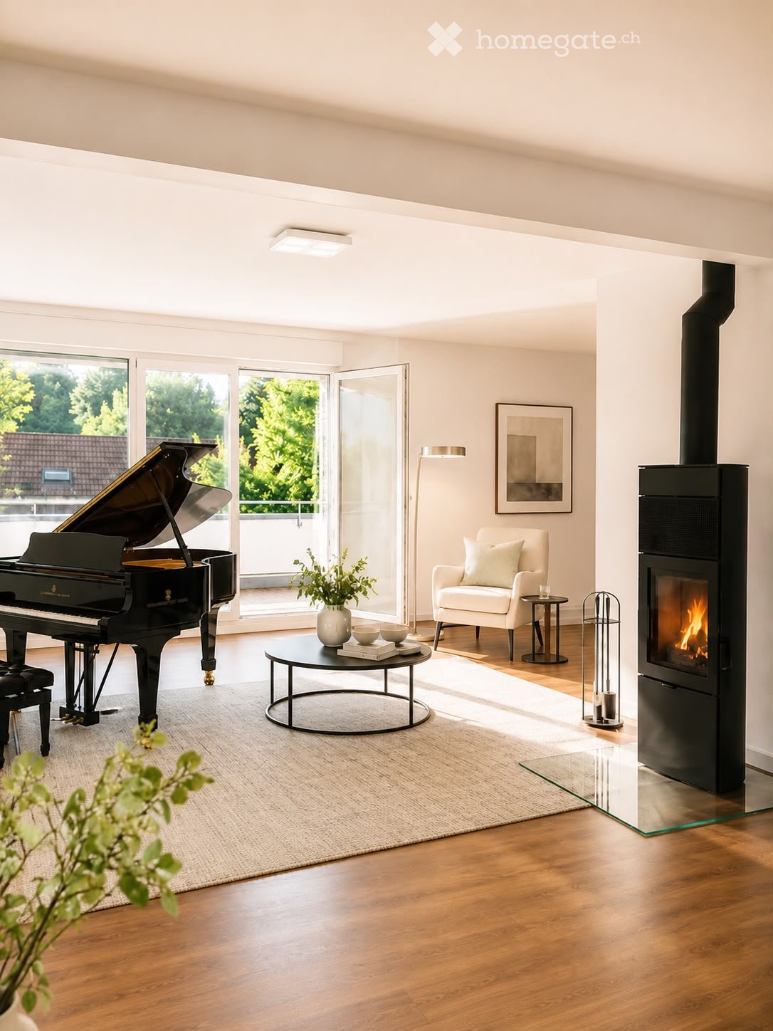 Modern living room with a grand piano, white sofa, coffee table, fireplace, large windows with a view, and a floor lamp.
