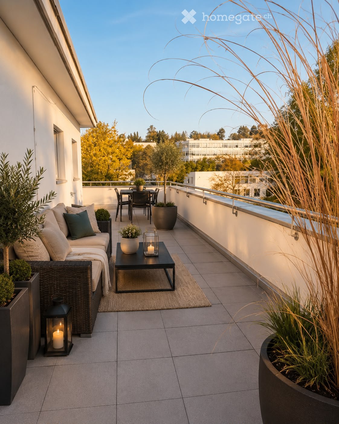 A modern balcony with a sofa, coffee table, dining set, and decorative lanterns, surrounded by potted plants and a view of trees and buildings.