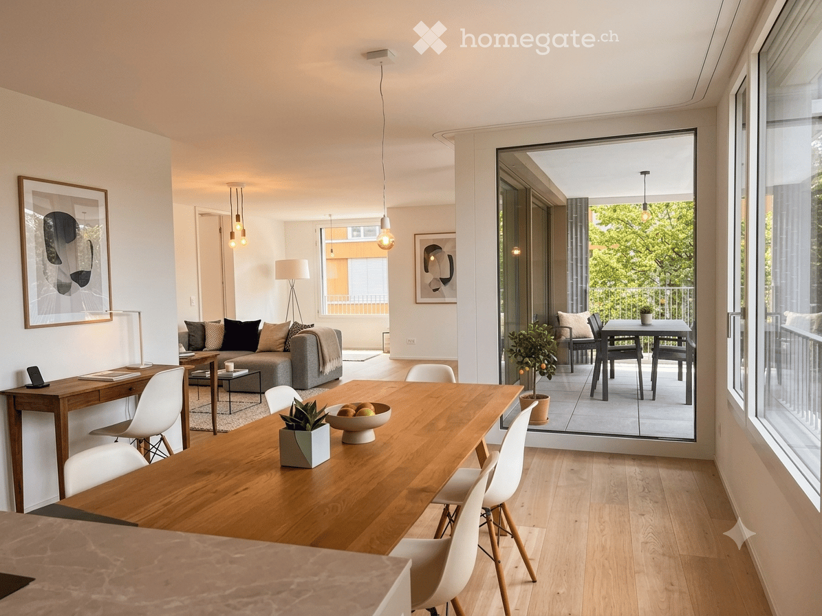 Open-plan living and dining area with modern furniture, large windows, and a balcony. Includes a sofa, coffee table, dining table, chairs, pendant lights, and artwork.
