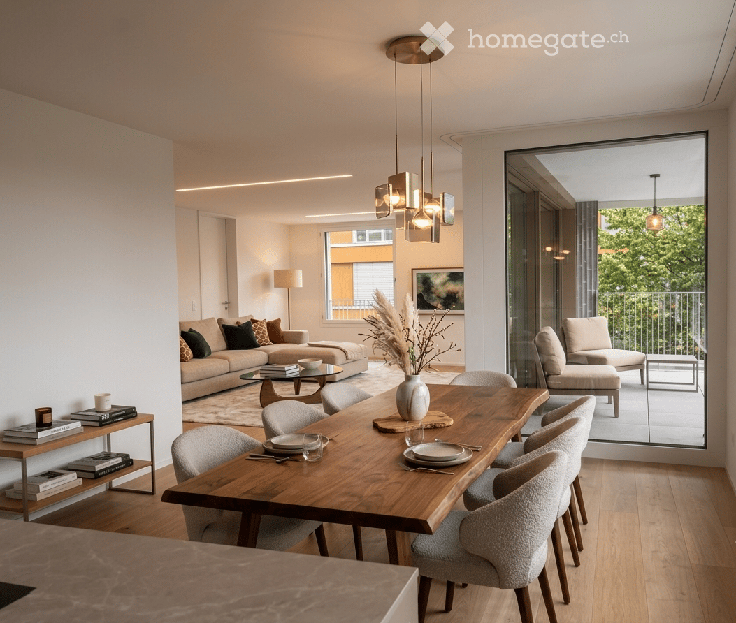 Modern open-plan living and dining area with a large wooden dining table, grey upholstered chairs, a beige sofa with colorful cushions, a glass coffee table, a floor lamp, and a balcony with outdoor seating.