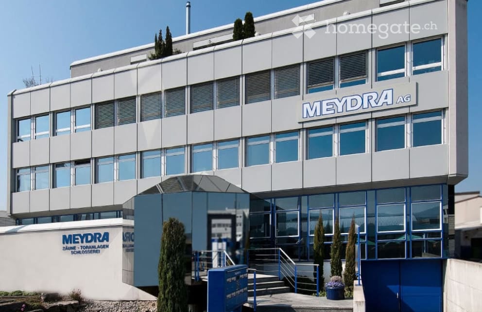 Modern multi-story building with large windows and the sign "MEYDRA AG" on the facade. The entrance features a blue staircase leading up to glass doors, flanked by small evergreen trees and a flower pot.