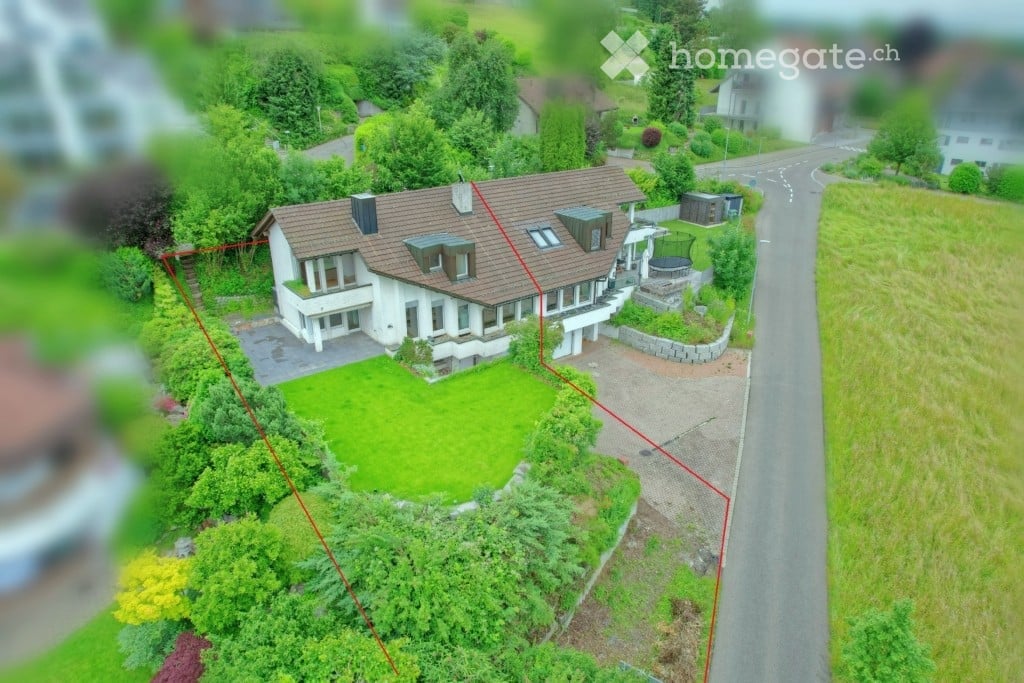 Detached house, brown roof, white walls, driveway, garden, green lawn, trees, bushes, road