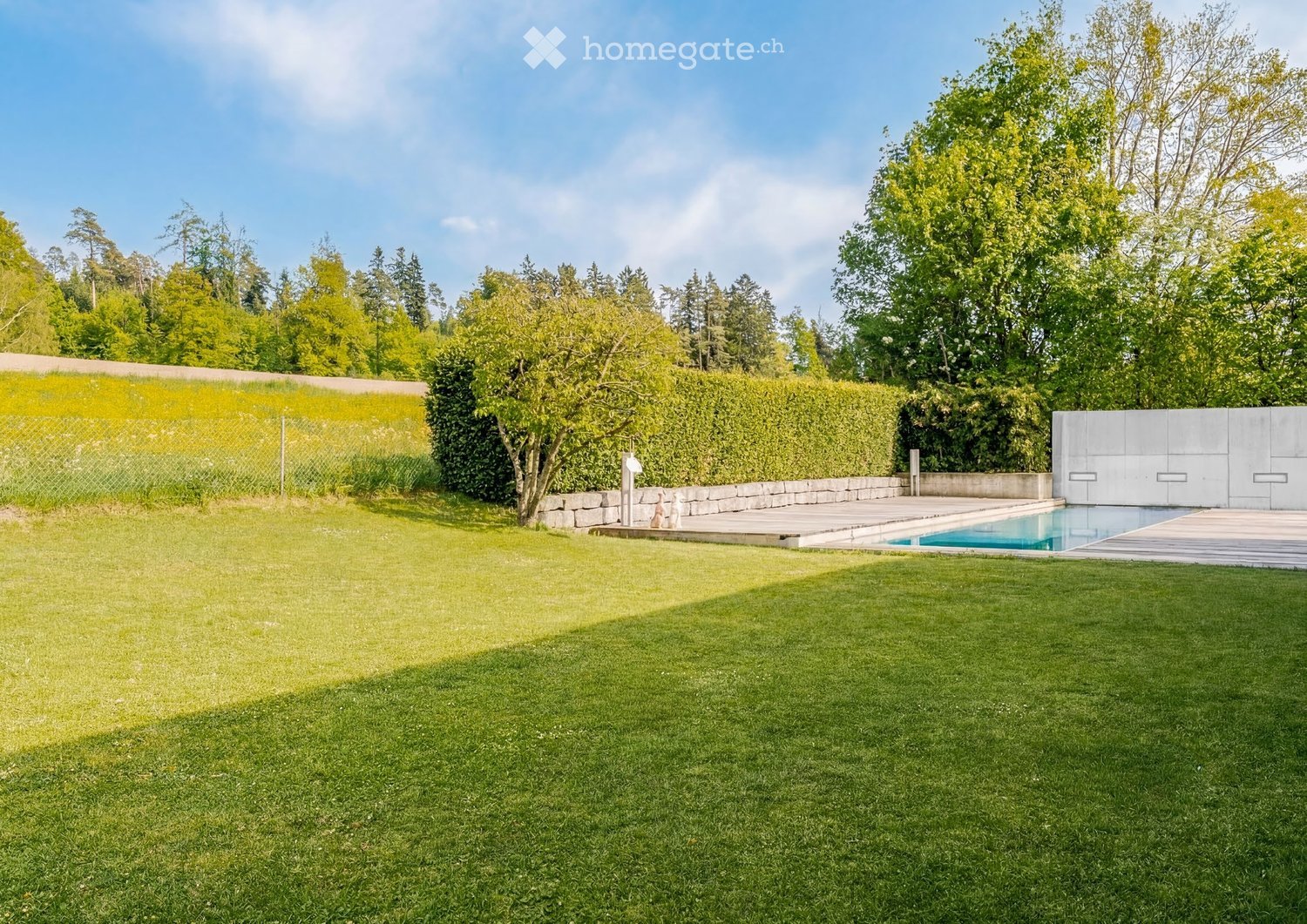Well-maintained lawn with a swimming pool, surrounded by trees, hedges, and a stone wall.