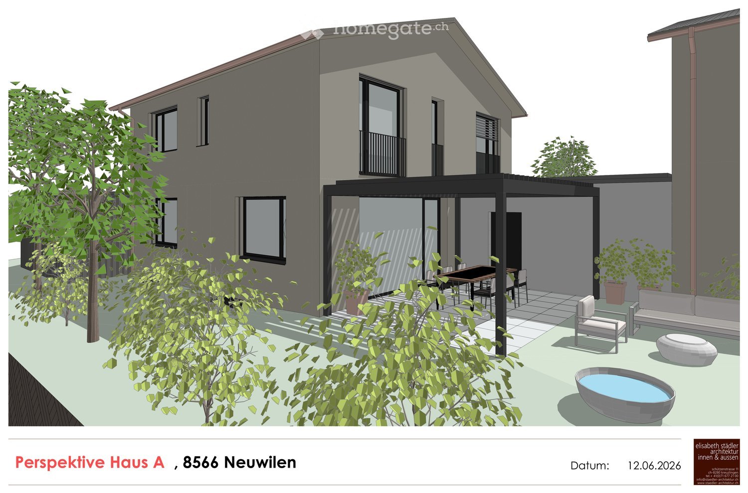 A modern outdoor patio area attached to a house, featuring a table, chairs, a sofa, an ottoman, a small bowl, and potted plants.