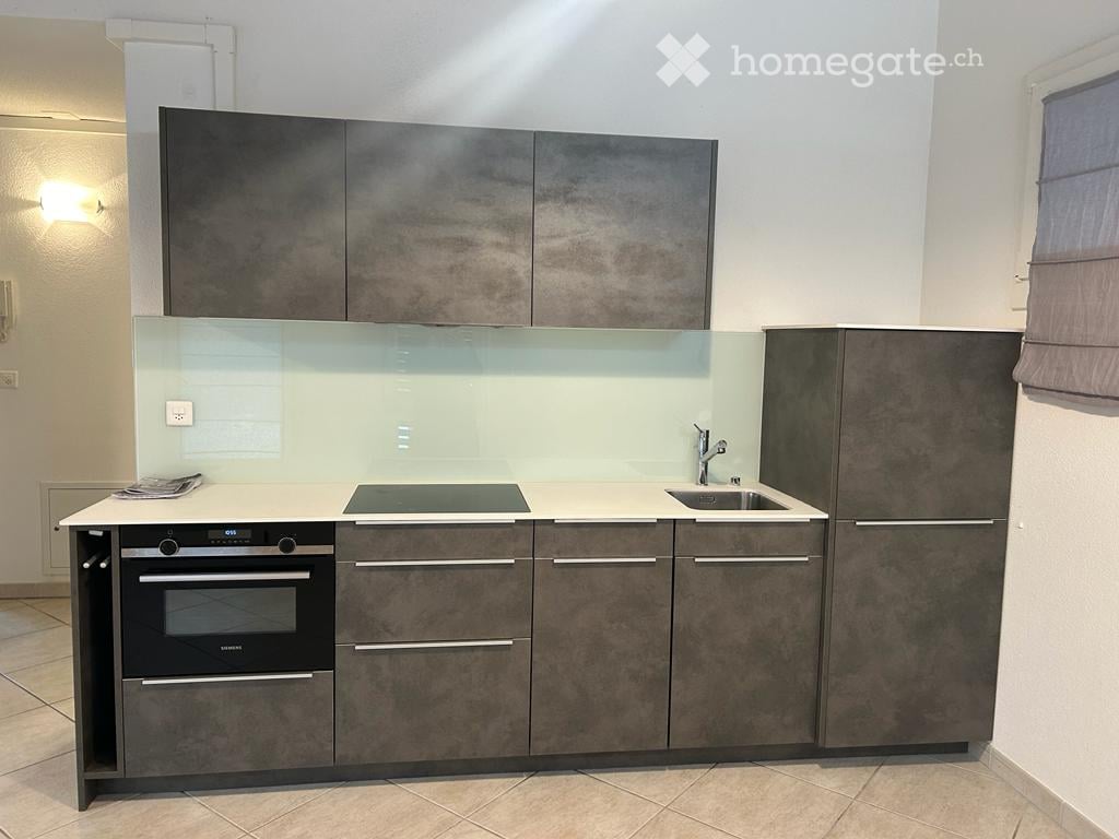 Modern kitchen with dark grey cabinets, white countertop, built-in oven, induction cooktop, and a sink with a modern faucet.