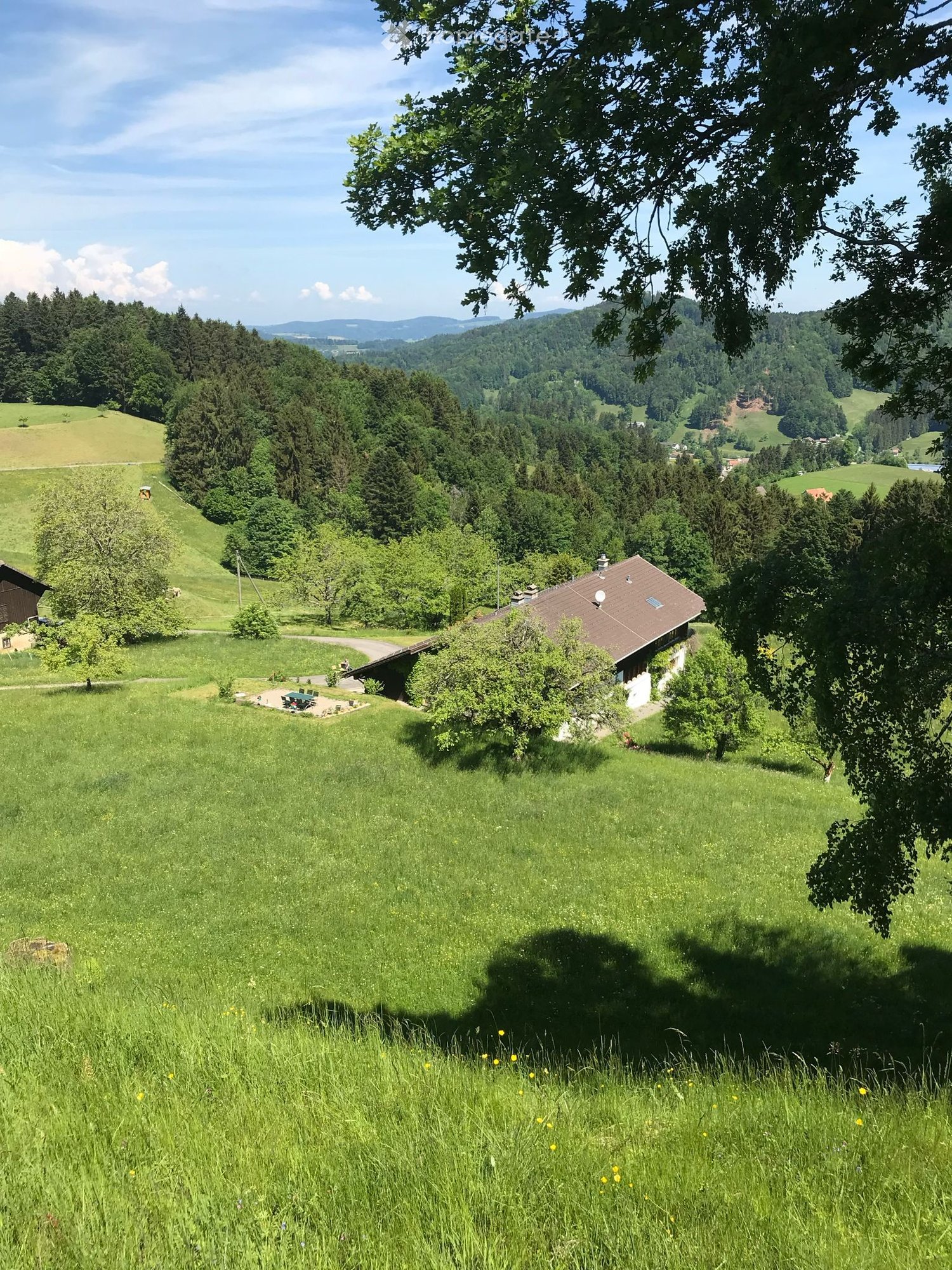 A peaceful countryside scene with a small house, lush green fields, and distant forested hills under a clear blue sky.