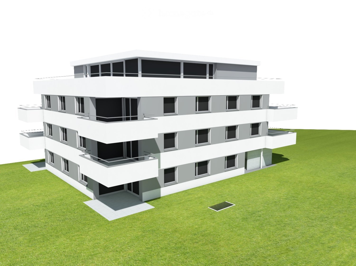 Modern multi-story building with white and grey facade, multiple windows, and balconies on each level, set on a green lawn.