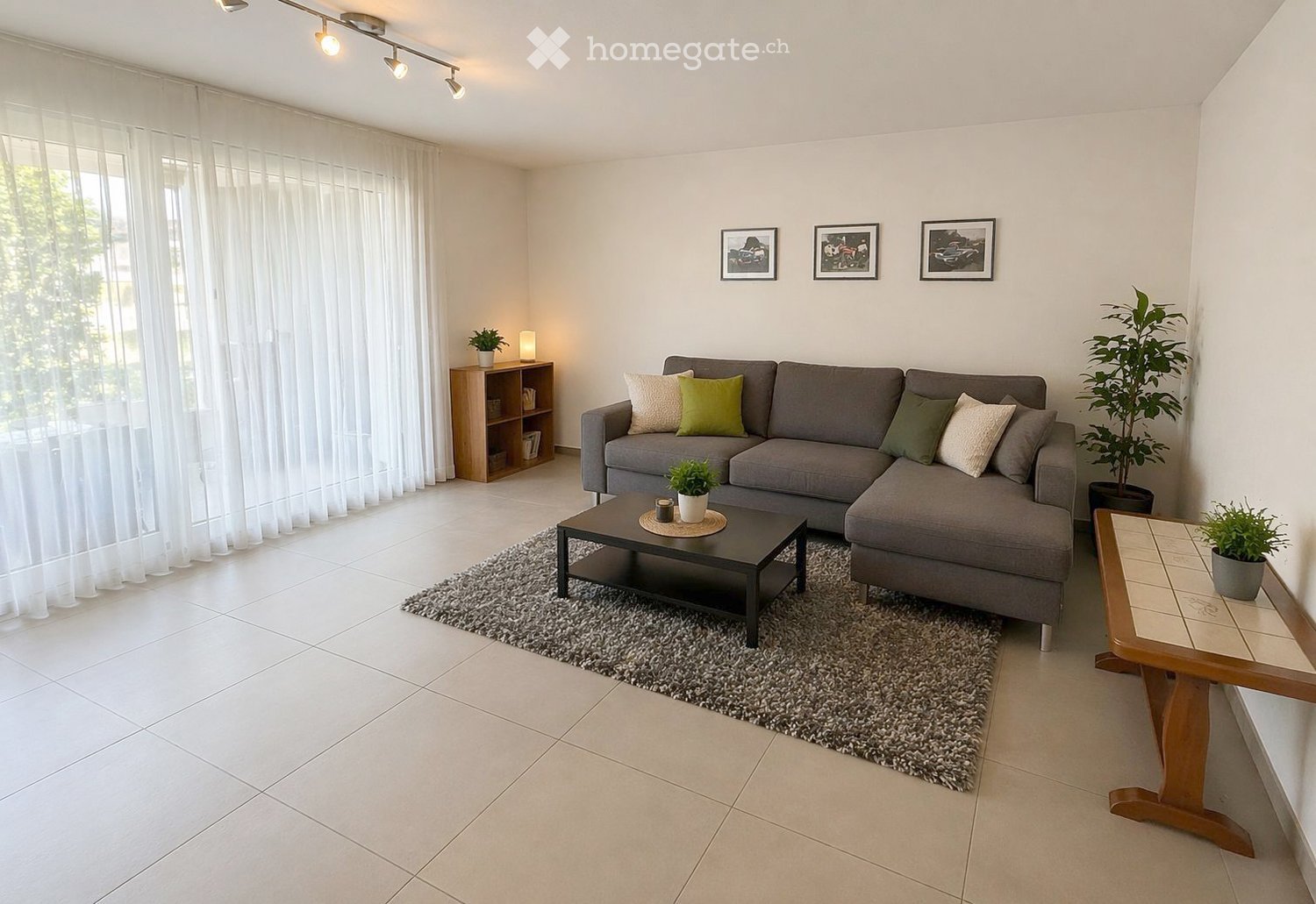 Modern living room with a grey sectional sofa, coffee table, side table, and decorative plants. The room features large windows with sheer curtains, a shaggy rug, and wall-mounted picture frames.
