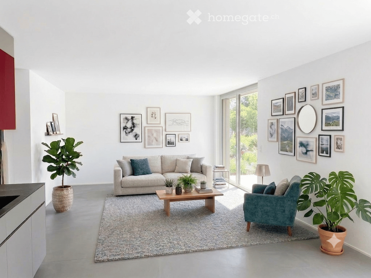 Bright living room with white walls, large windows, grey sofa, coffee table, armchair, potted plants, and picture frames on the walls.