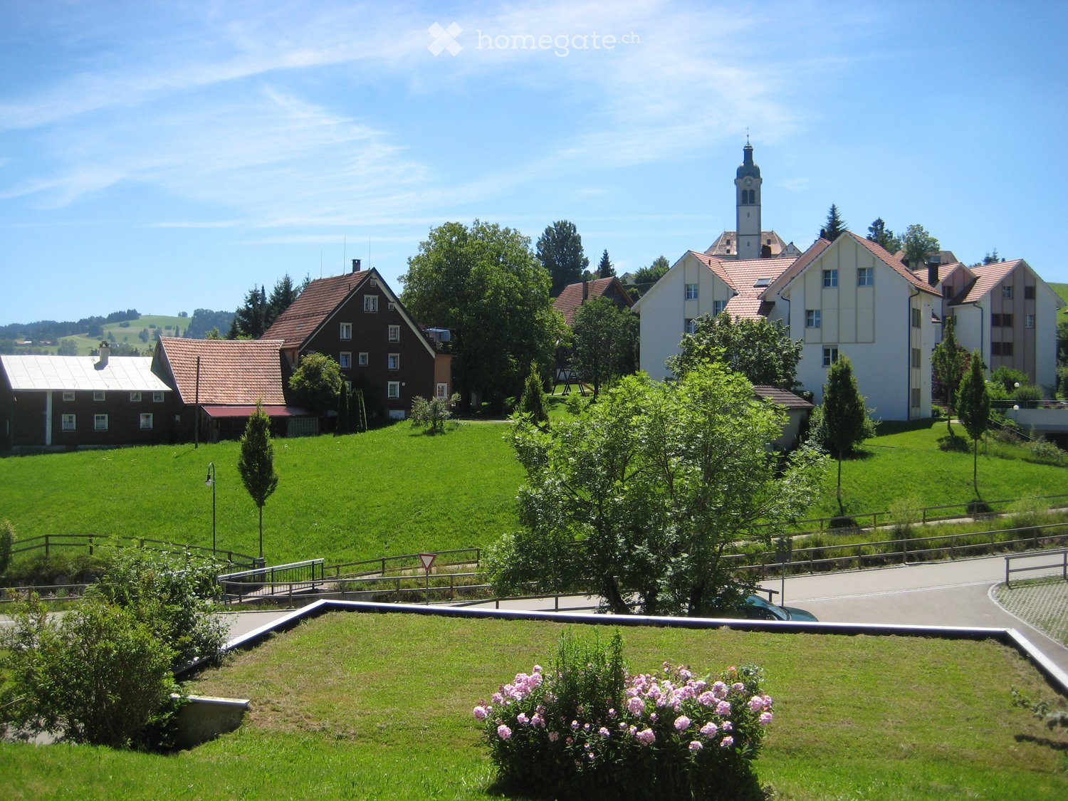 Village, houses, church, steeple, lawn, fence, plants, flowers