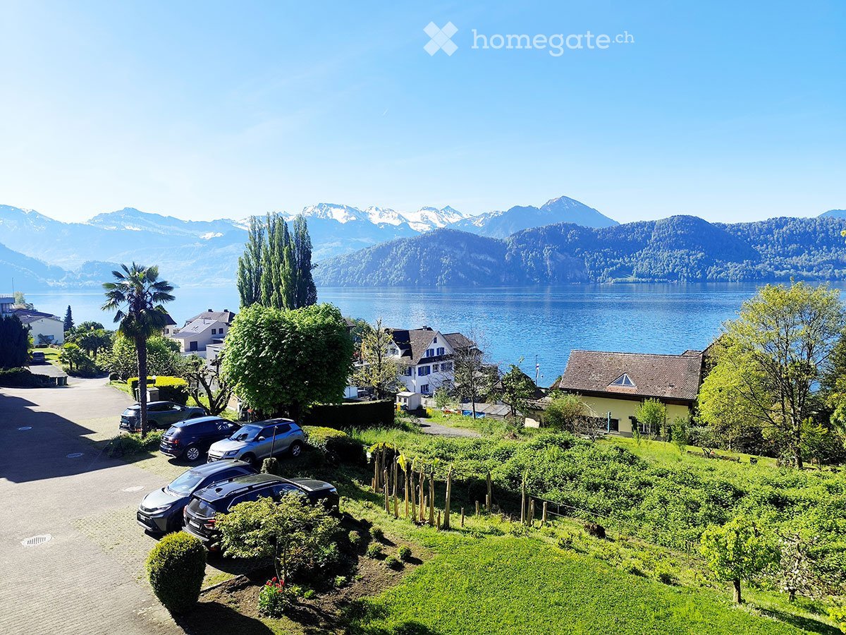 A scenic lakeside view with parked cars, houses, and a distant mountain range.