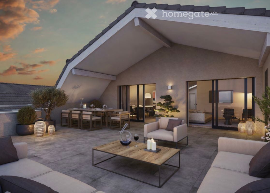 A modern rooftop terrace with a dining area, seating area, and indoor living space accessible through large glass doors. Features include a wooden dining table, chairs, a sofa, coffee table, decorative lighting, and potted plants.