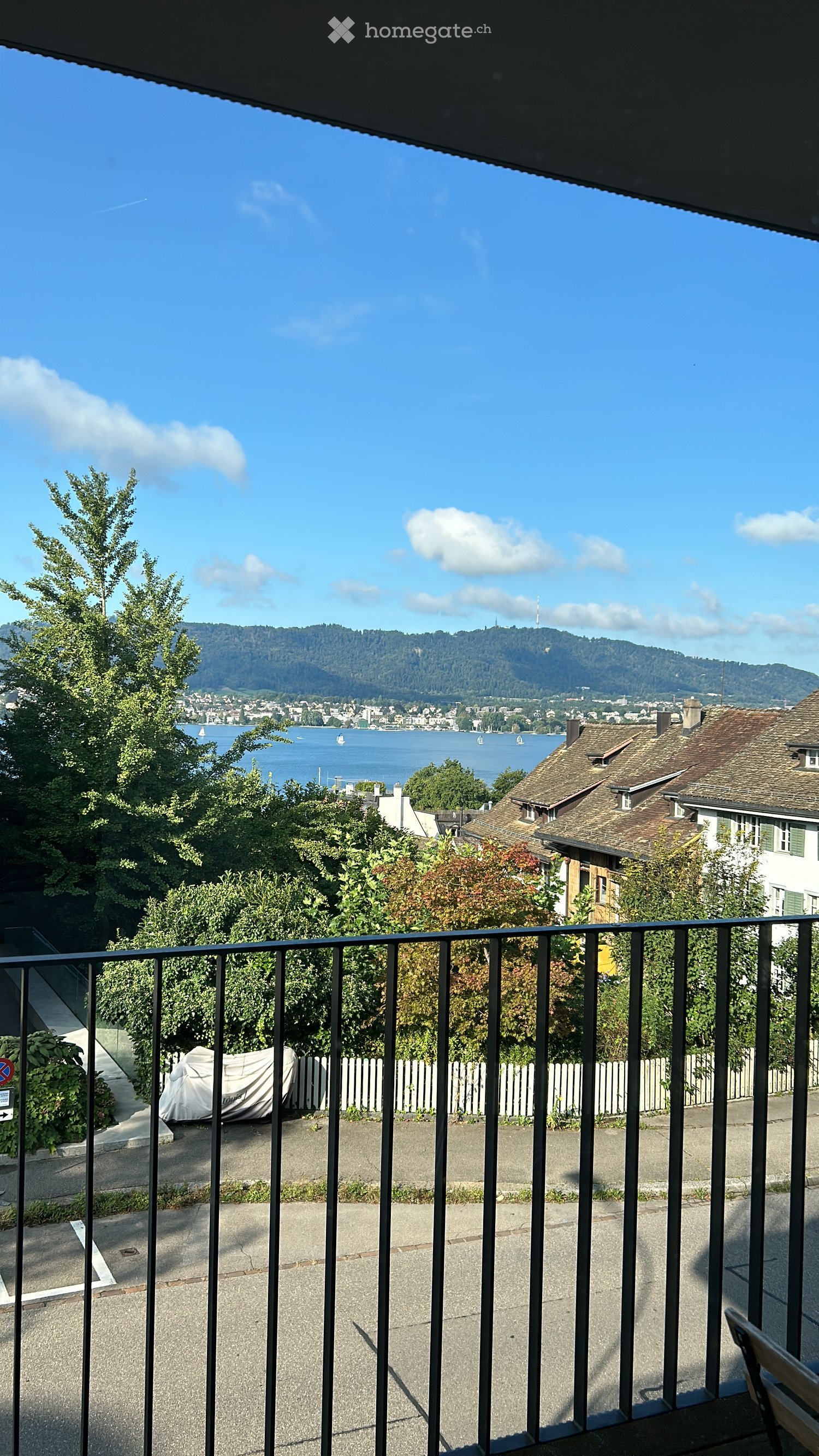 Balcony with metal railing overlooking a scenic view of a lake, distant hills, and a town with houses and trees.