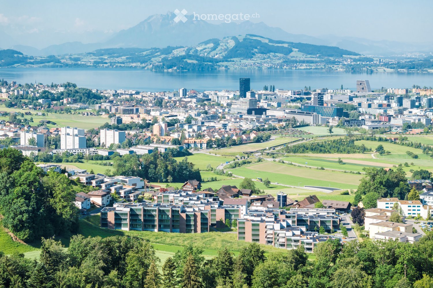 A panoramic view of a city with a mix of residential and commercial buildings, surrounded by green fields and a lake, with mountains in the background.