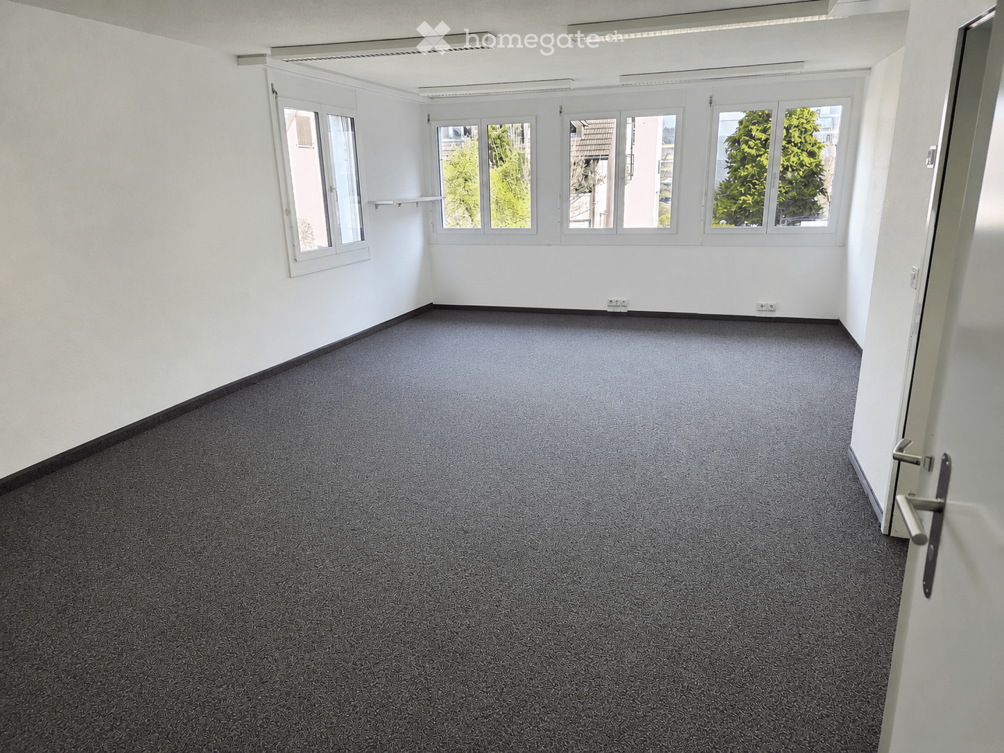 Empty room with white walls, grey carpet, large windows, and a door.