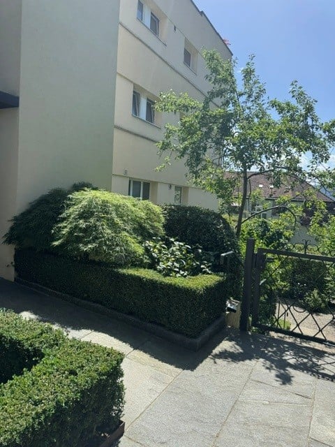 Well-maintained garden area with neatly trimmed hedges, a small tree, and a paved walkway leading to a metal gate.