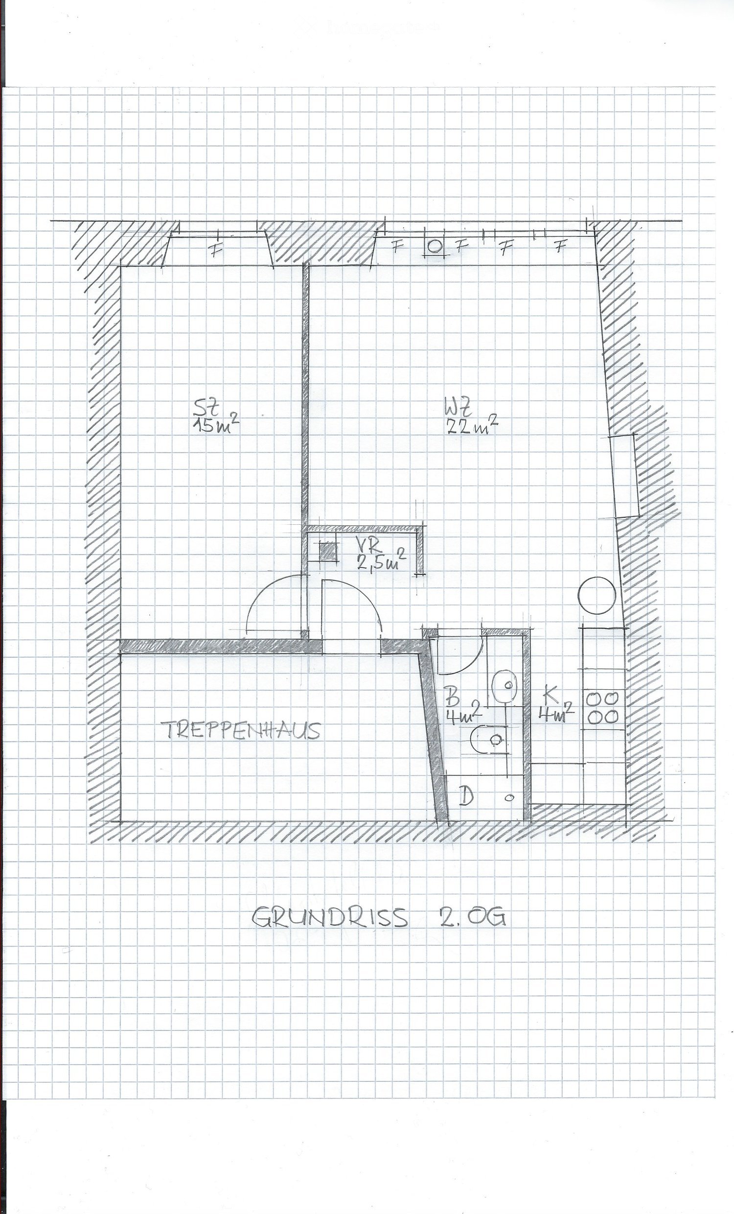 Floor plan of the second floor showing a staircase house, a room labeled "St" (15 m²), a room labeled "WZ" (22 m²), a small room labeled "VR" (2.5 m²), and a room labeled "B" (4 m²).