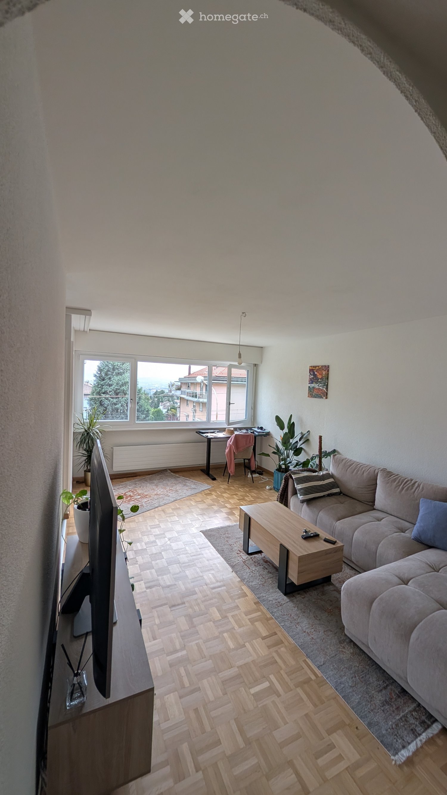 Living room with wooden herringbone flooring, large window with a view, grey sectional sofa, wooden coffee table, flat-screen TV, and potted plants.