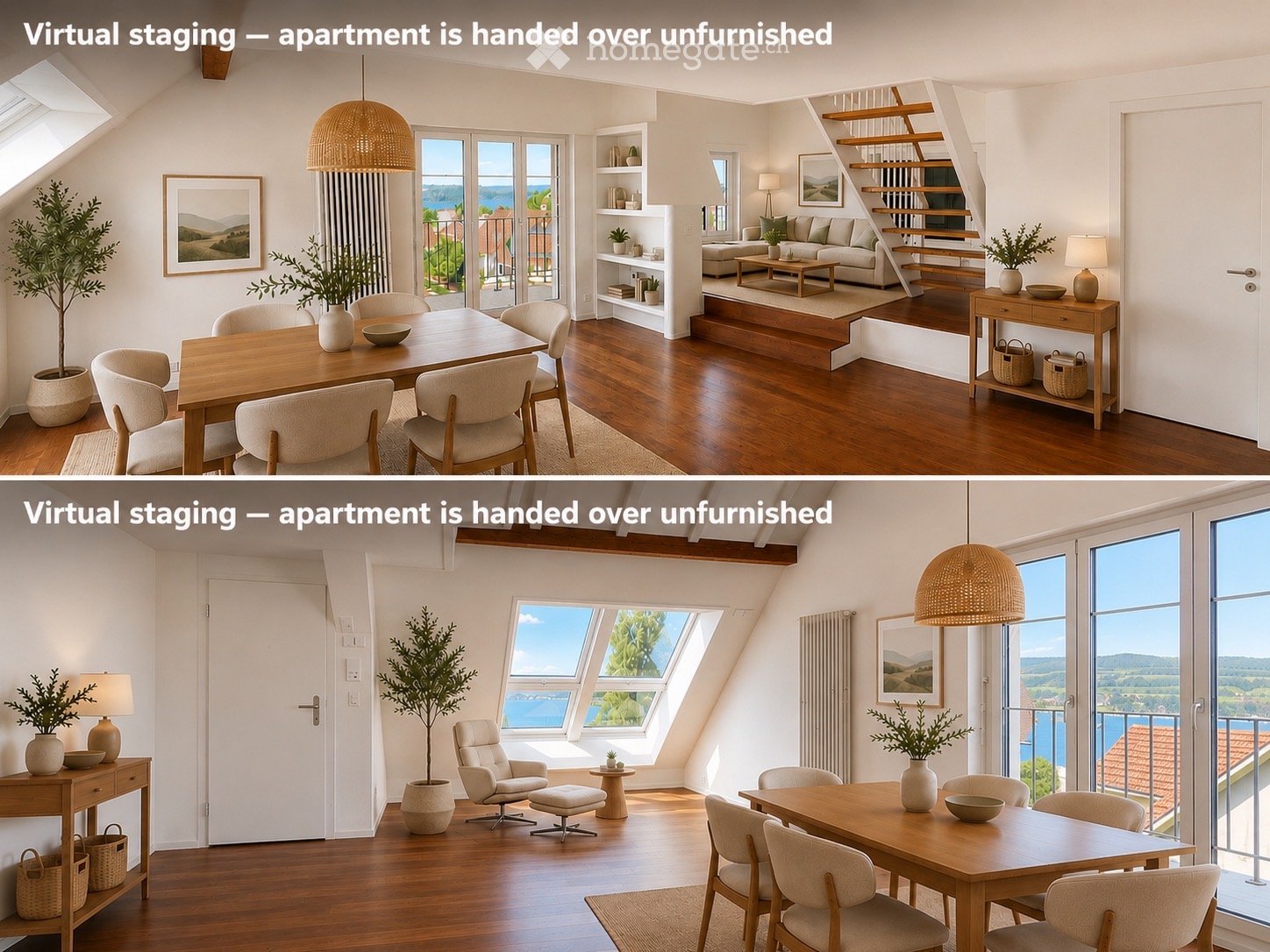 Virtual staging shows a furnished living and dining area with a sofa, coffee table, dining table, chairs, lamps, picture frames, and potted plants. Large windows offer a scenic view.