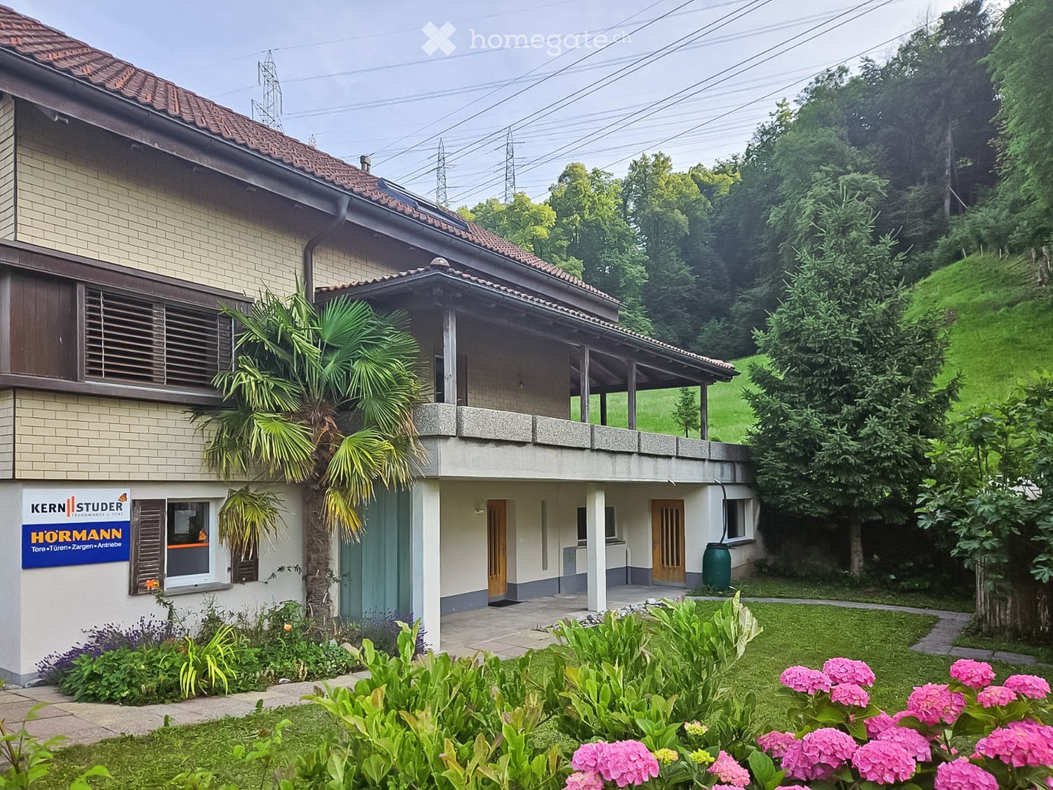 Two-story house with a tiled roof, balcony, and surrounding garden with palm trees and flowers.