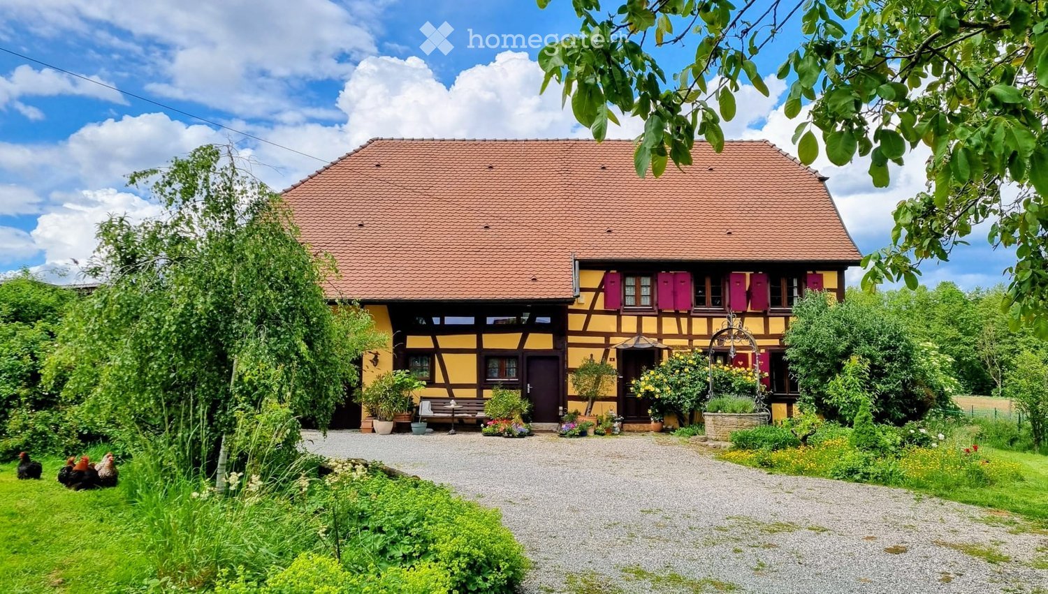 Traditional half-timbered house with yellow and brown exterior, red-tiled roof, multiple windows with shutters, and a well-maintained garden with plants and a gravel driveway.