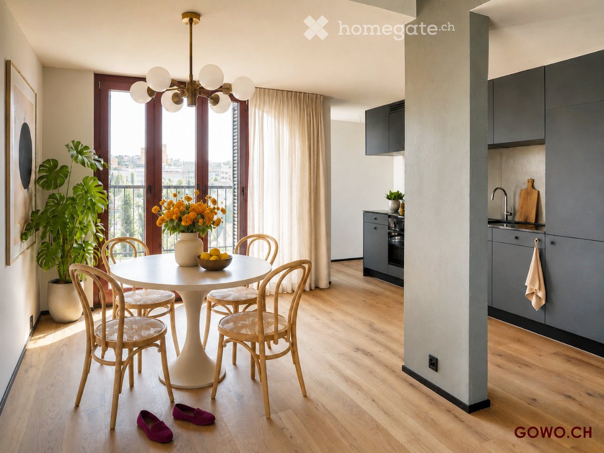 Modern dining area with a round white table, four wooden chairs, a vase with yellow flowers, and a bowl of fruit. The room features light wooden flooring, grey kitchen cabinets, a sink, and a balcony with a view.