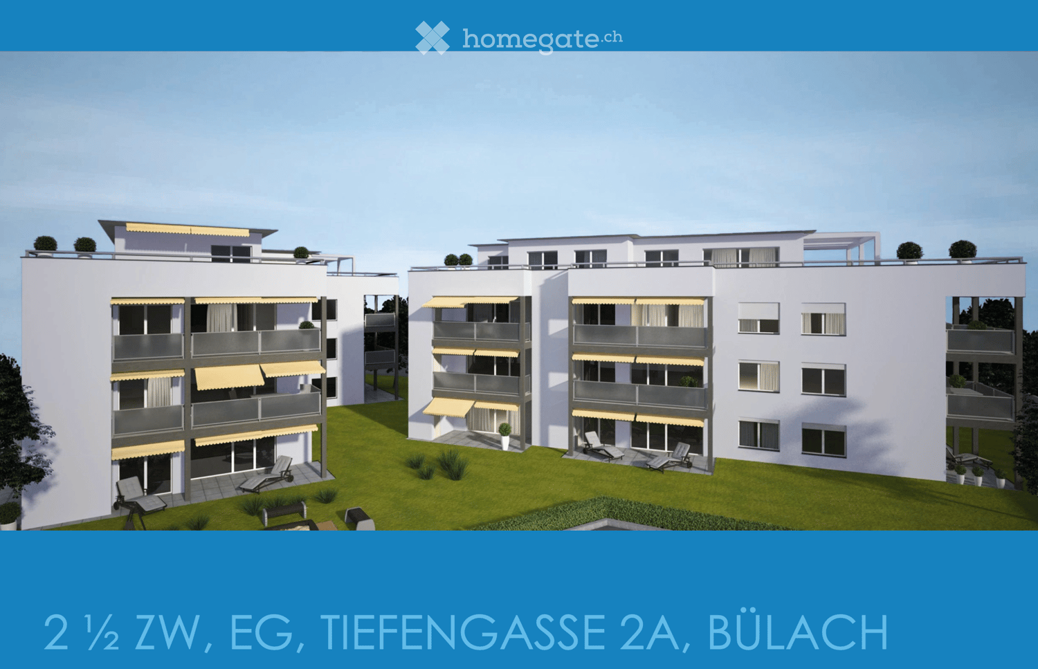 Modern multi-story residential building with balconies, yellow awnings, and a well-maintained lawn area with lounge chairs and small plants.