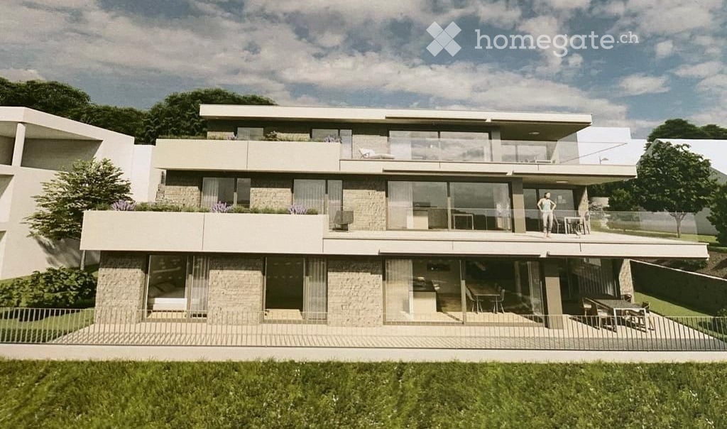 Modern two-story house with large glass windows, balconies, and outdoor seating areas.