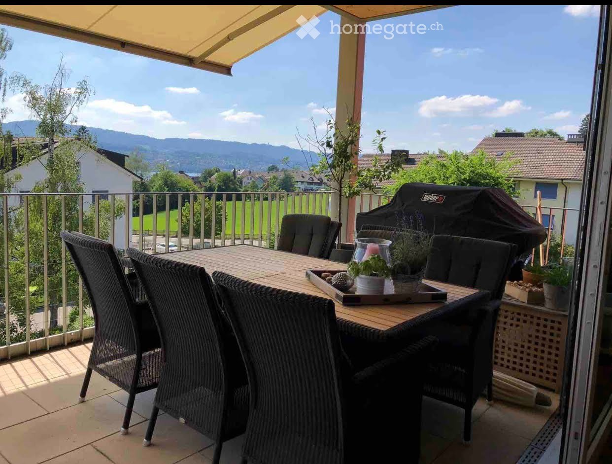 Balcony with outdoor dining set, grill, potted plants, and scenic mountain view.