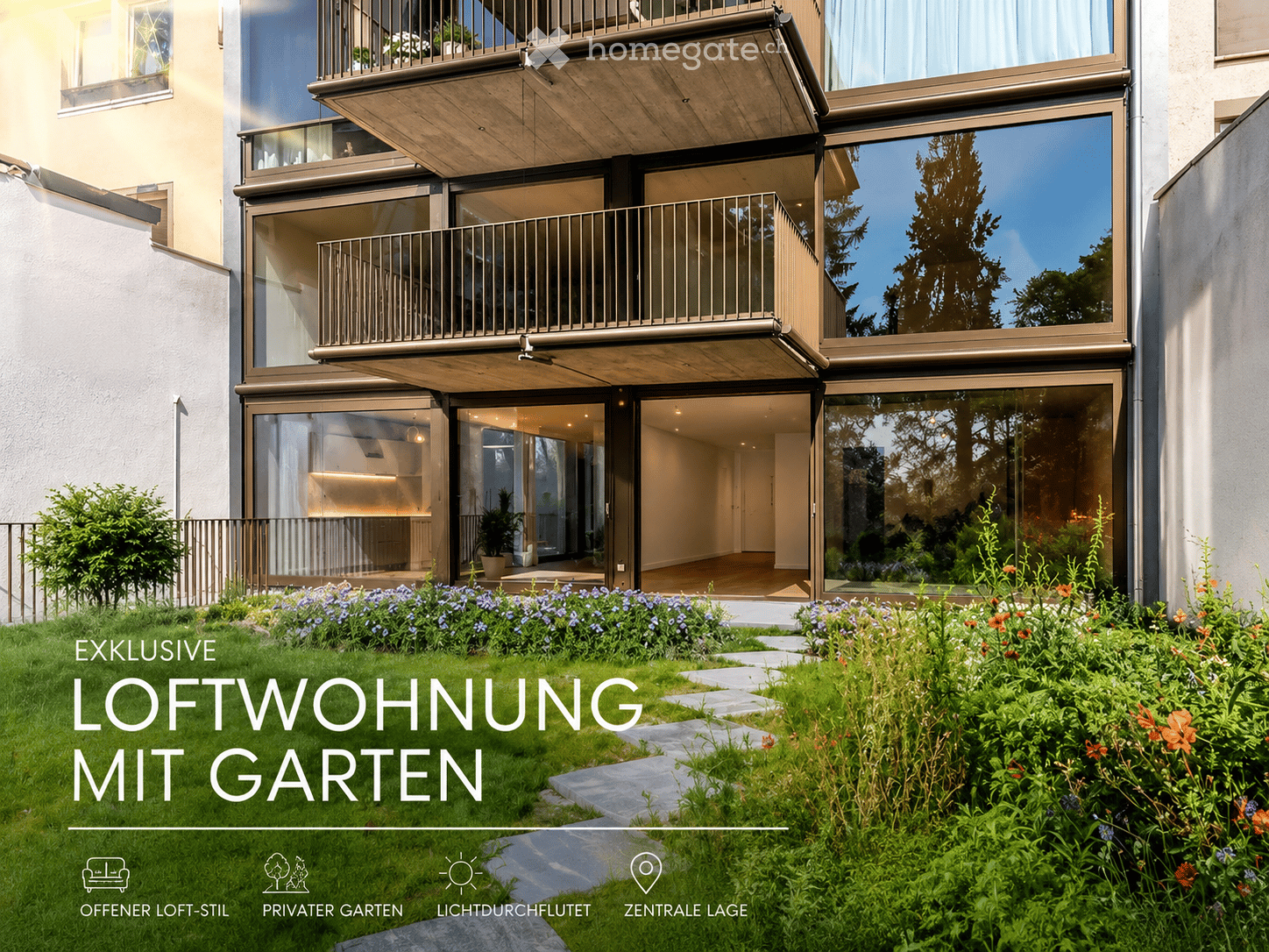 Modern multi-story building with large glass windows and balconies, surrounded by a well-maintained garden with colorful flowers and a stone pathway.