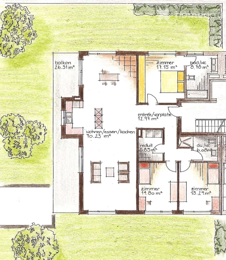 Floor plan of a house with multiple rooms including a living/dining/kitchen area, bedrooms, bathrooms, and a balcony.
