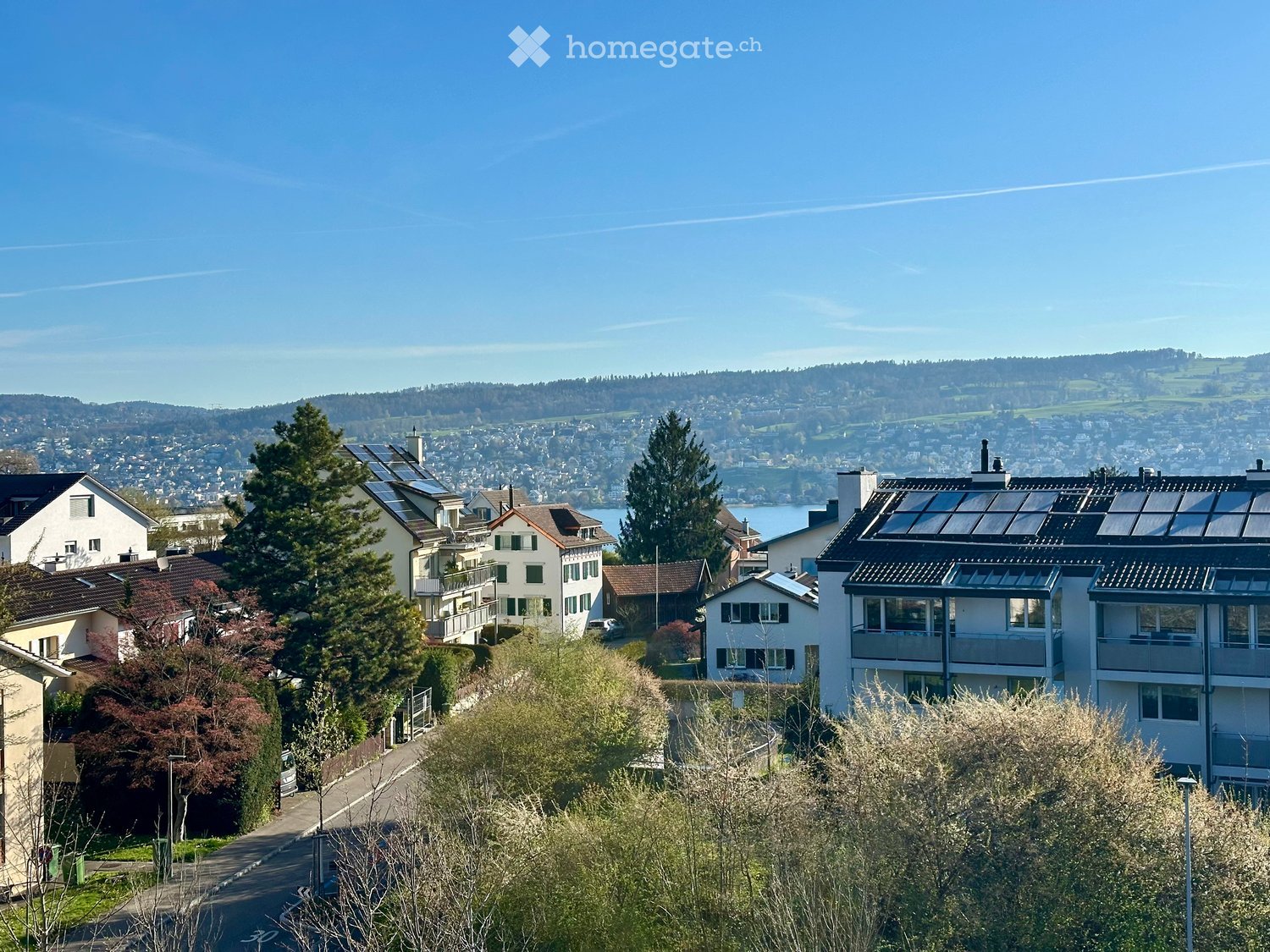 Residential neighborhood with multi-story houses, solar panels on roofs, trees, and a scenic view of a lake and distant hills.