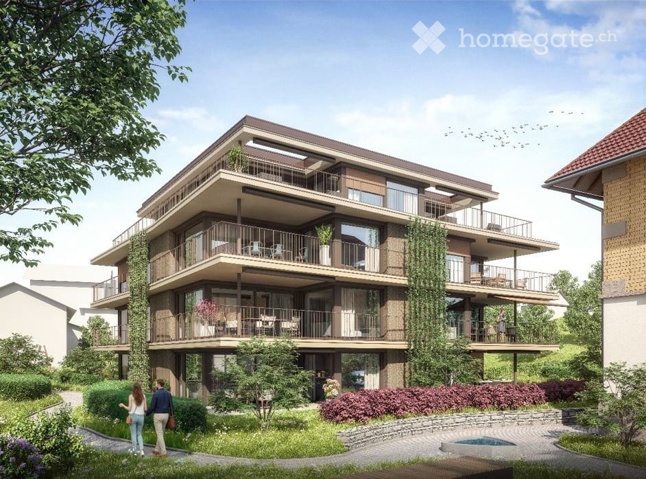 Modern multi-story residential building with multiple balconies, greenery, and a small swimming pool in the foreground.