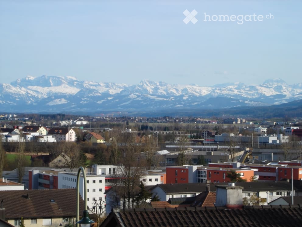 Panoramic view of a cityscape with residential and commercial buildings, surrounded by snow-capped mountains in the background.