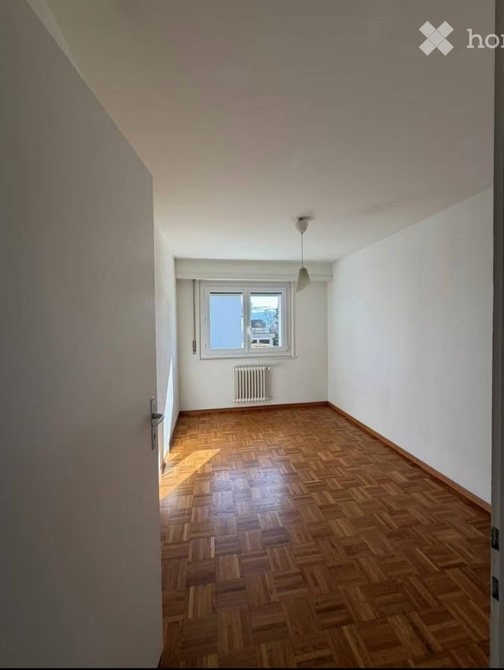 Empty room with wooden parquet flooring, white walls, a single window with a radiator below, and a ceiling light fixture.