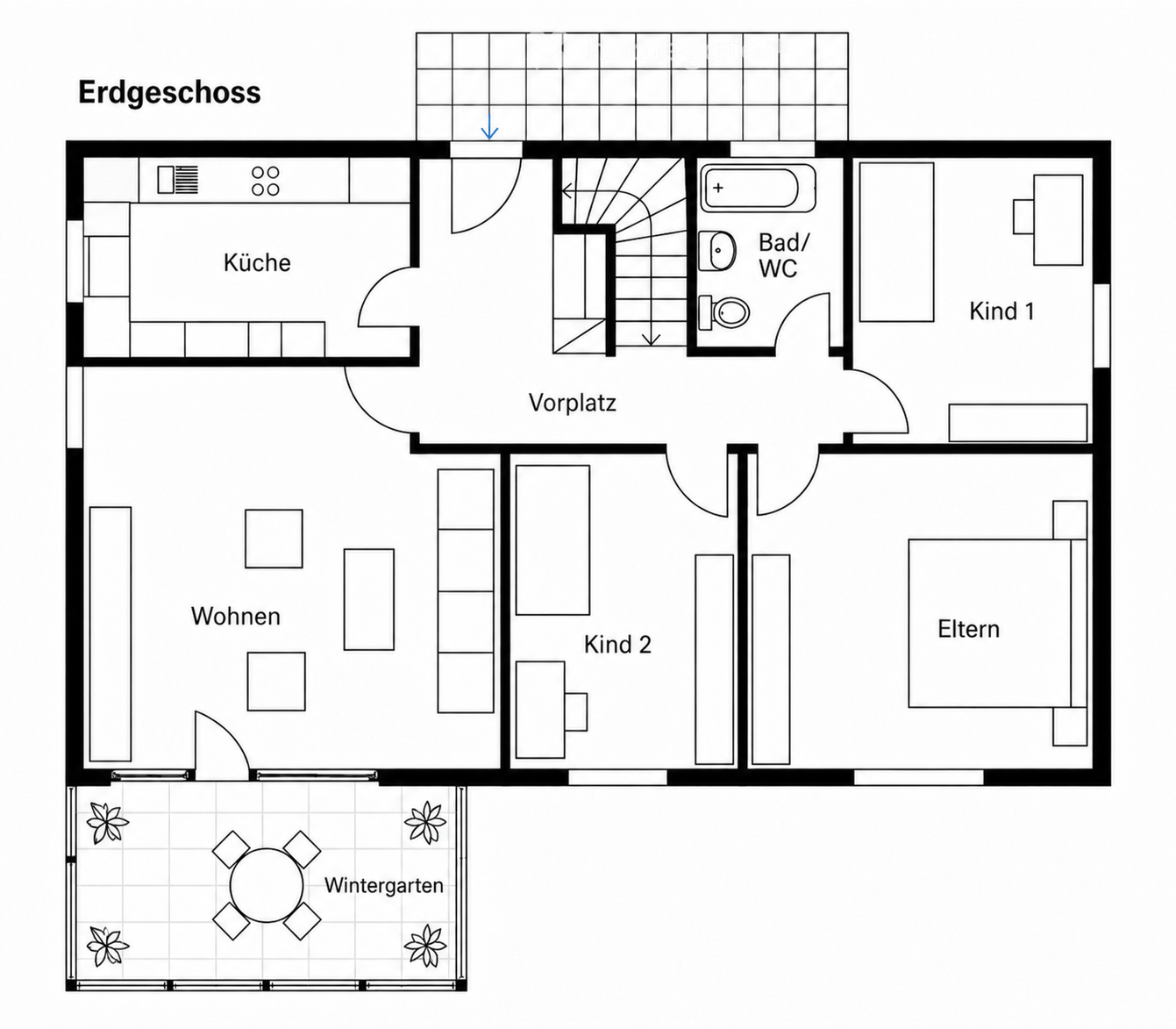 Ground floor floor plan showing kitchen, living area, two bedrooms, bathroom, hallway, and winter garden.