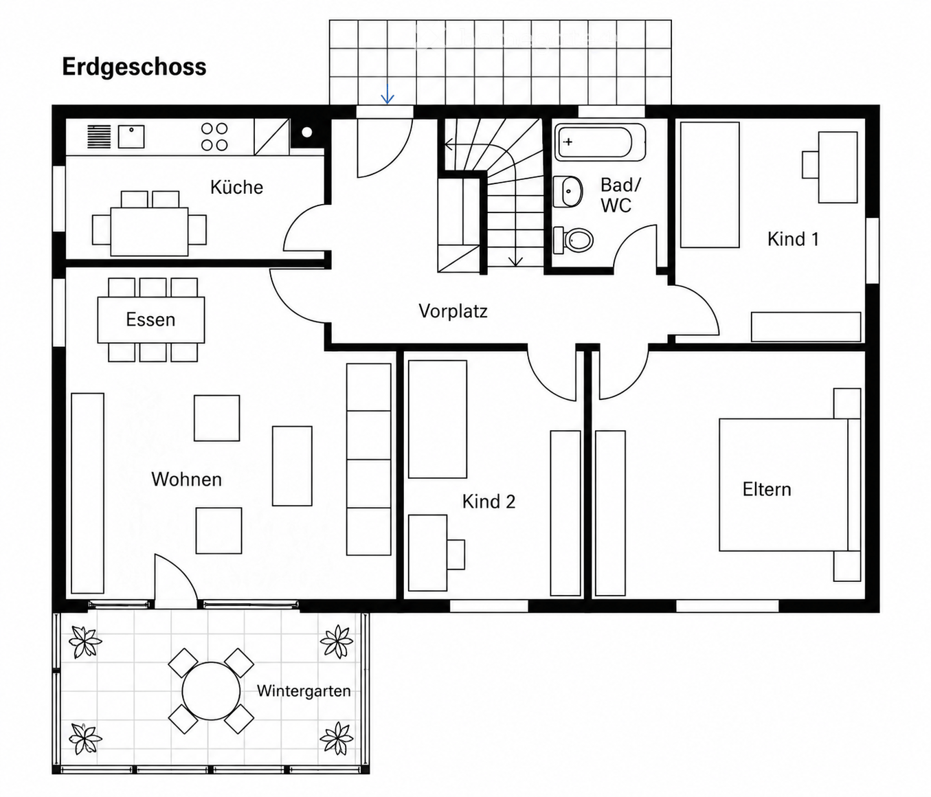 Ground floor floor plan showing kitchen, dining area, living room, two bedrooms, bathroom, and winter garden.