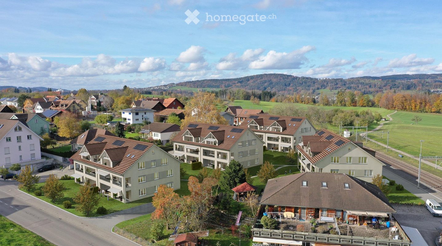 Aerial view of a residential area with multiple houses, solar panels on roofs, green lawns, and trees.
